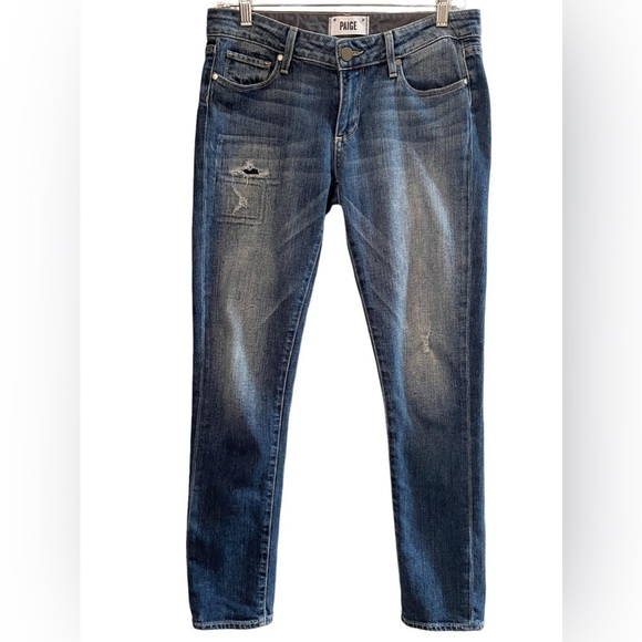 Paige Skyline Ankle Peg Straight Leg Distressed Blue Jeans 27 - Picture 1 of 9